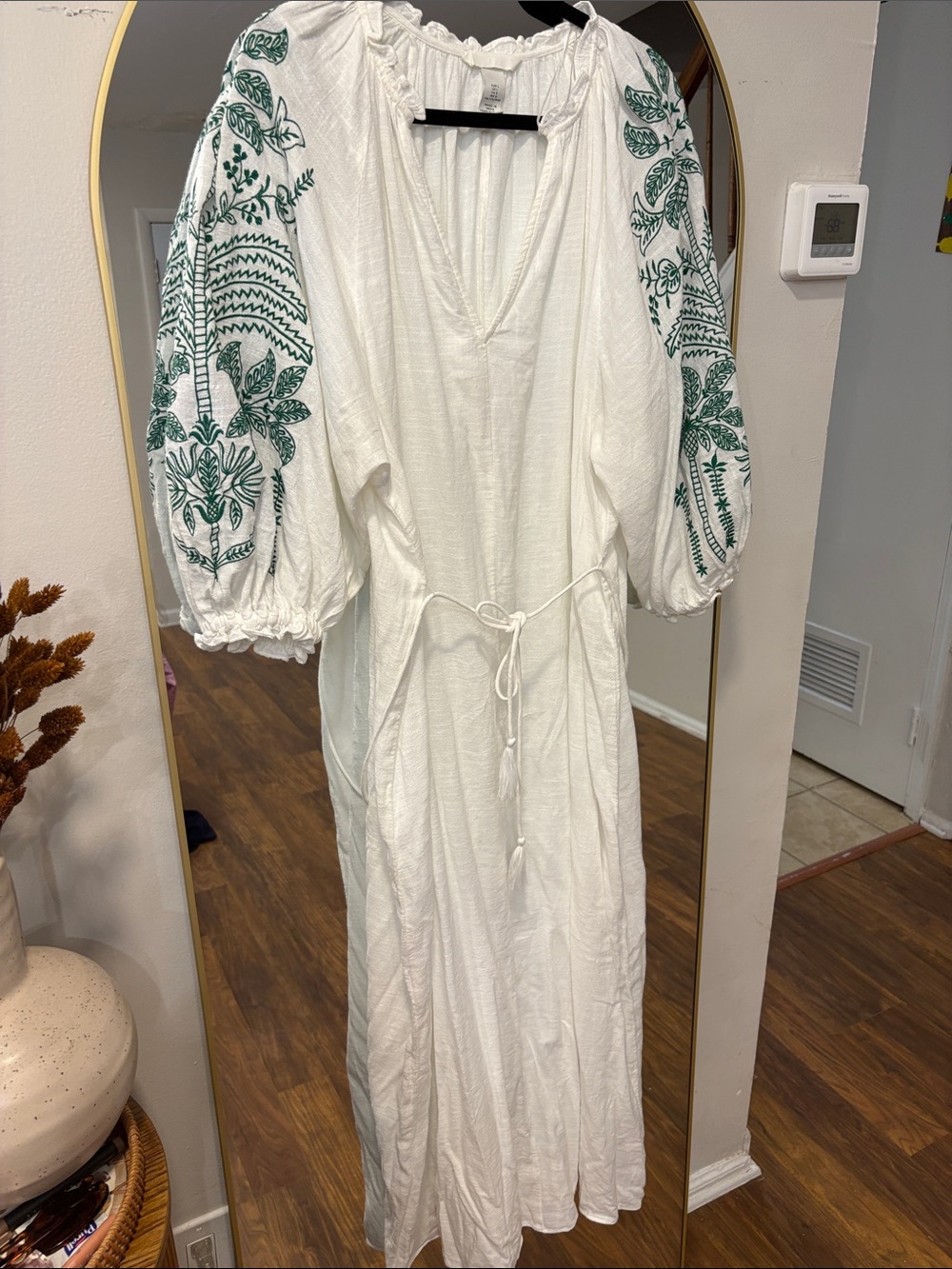 H&M White Maxi Dress with Green Embroidered Puff Sleeves